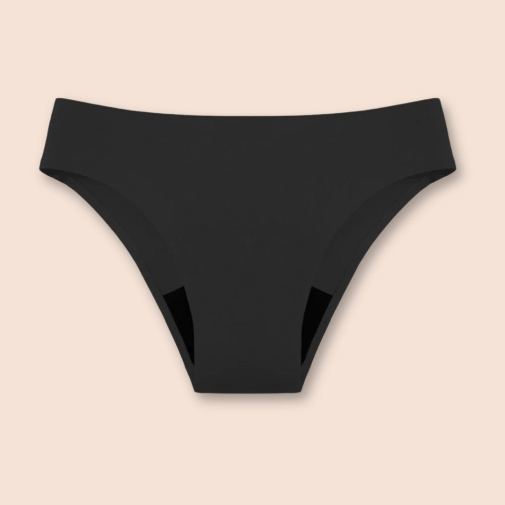 Schwarzer Perioden bikini in Produktansicht, geeignet für moderaten Fluss.